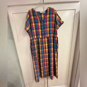 Colorful plaid seersucker cotton snap front maxi dress.